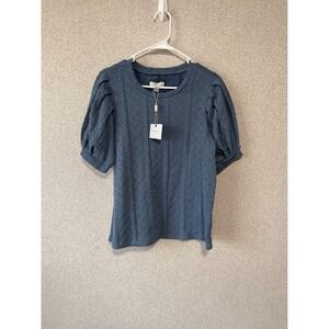 Cupio Womens Frozen Lake Blue Cable Knit Puff Sleeve Top MX1W847 Medium NWT